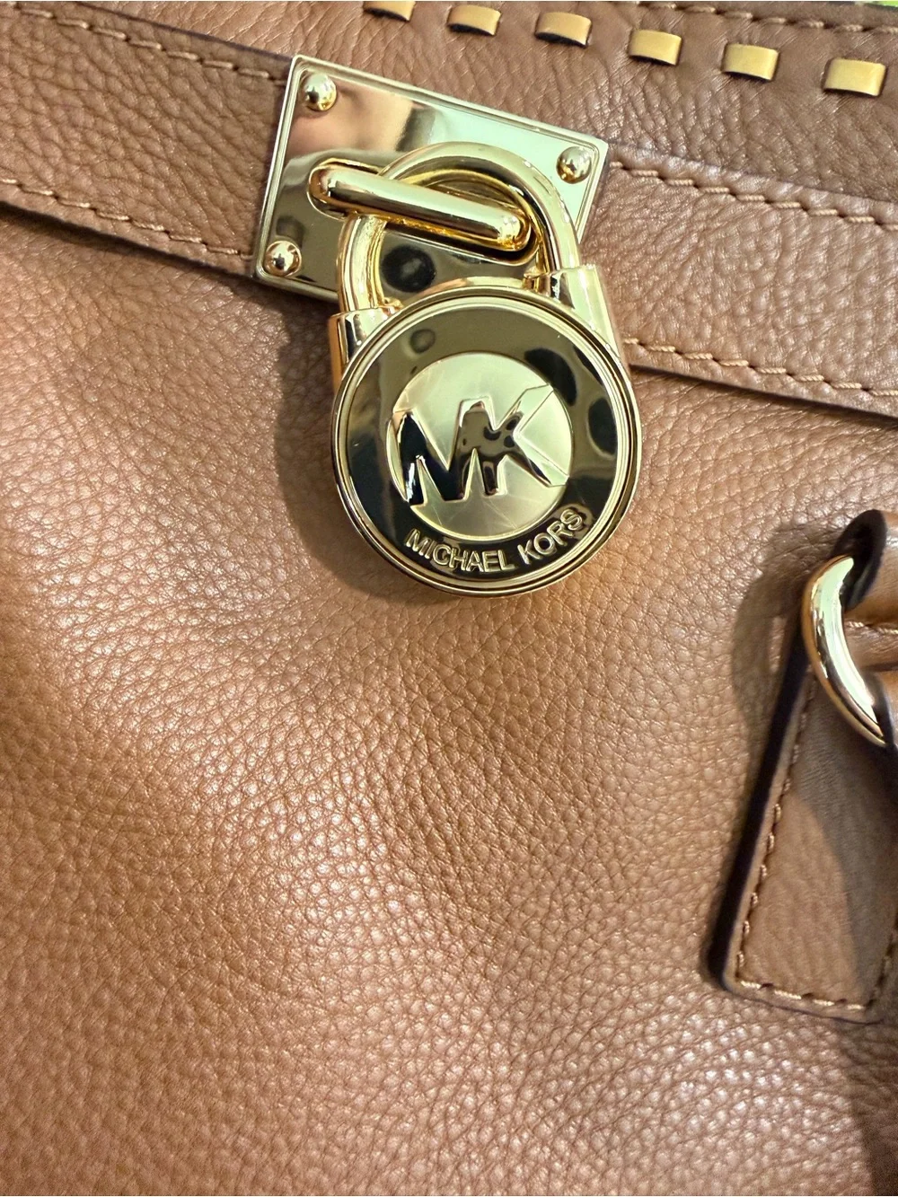 Michael Kors Cognac Leather Satchel with Gold-Tone Lock